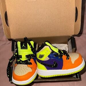 Jordan 1 Mid SE Kids' Sneakers in Volt, Orange, and Black